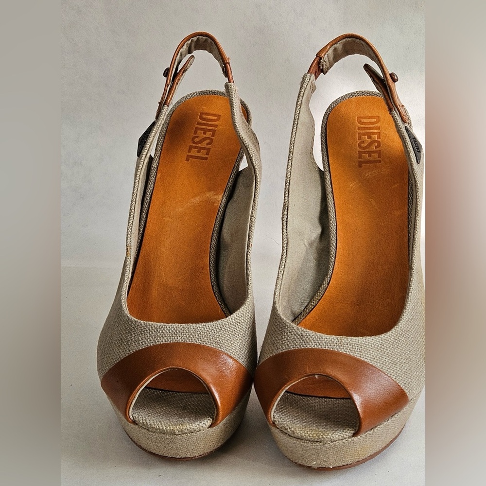 Diesel Tan and Brown Slingback Peep Toe Heels